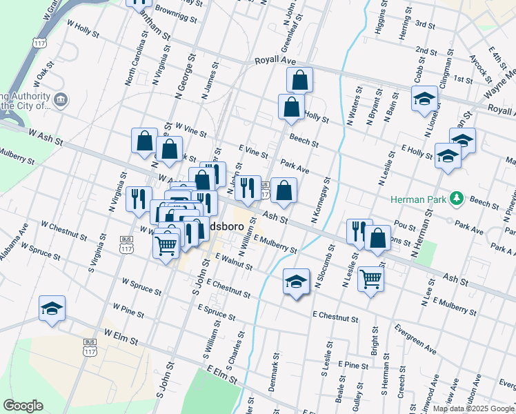 map of restaurants, bars, coffee shops, grocery stores, and more near 314 North William Street in Goldsboro