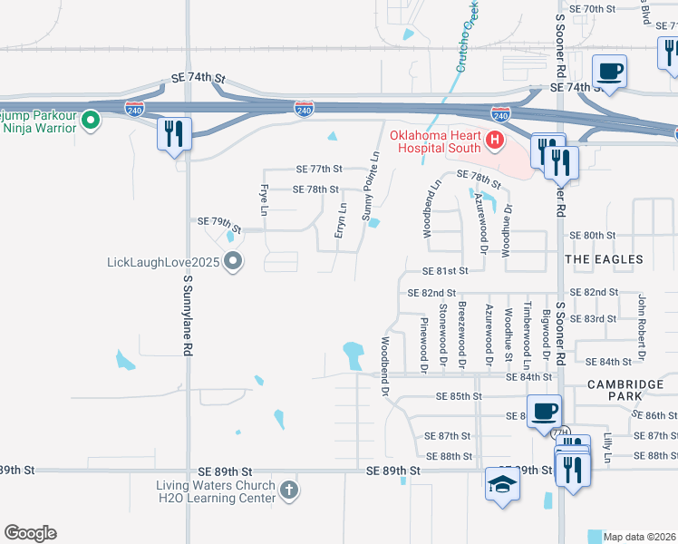 map of restaurants, bars, coffee shops, grocery stores, and more near 8116 Erryn Lane in Oklahoma City