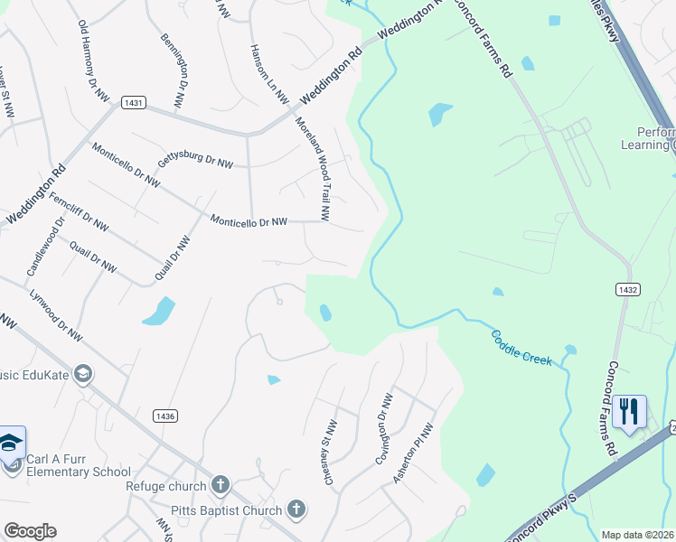 map of restaurants, bars, coffee shops, grocery stores, and more near 2039 Stoney Creek Drive Northwest in Concord