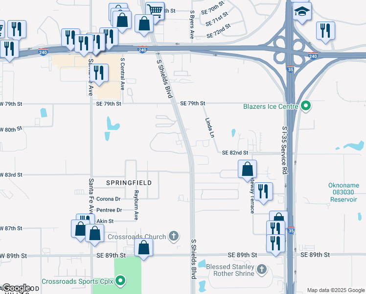 map of restaurants, bars, coffee shops, grocery stores, and more near 8101 South Shields Boulevard in Oklahoma City