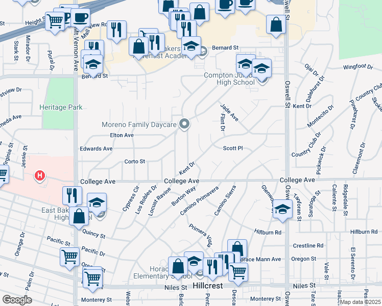 map of restaurants, bars, coffee shops, grocery stores, and more near 2001 Sandy Lane in Bakersfield