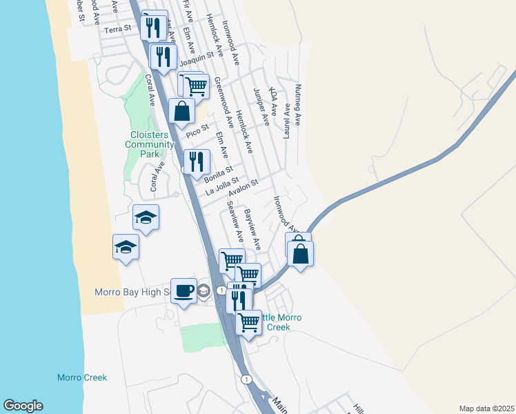 map of restaurants, bars, coffee shops, grocery stores, and more near 614 Ironwood Court in Morro Bay
