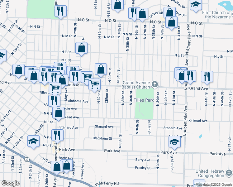 map of restaurants, bars, coffee shops, grocery stores, and more near 900 North 34th Street in Fort Smith