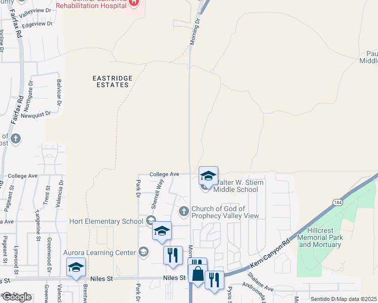 map of restaurants, bars, coffee shops, grocery stores, and more near 2526 Morning Drive in Bakersfield