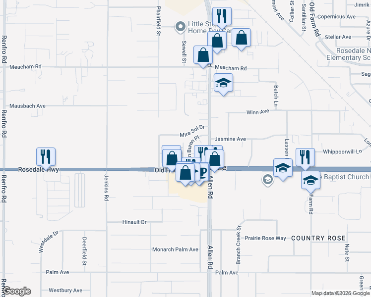map of restaurants, bars, coffee shops, grocery stores, and more near 2707 Van Buren Place in Bakersfield