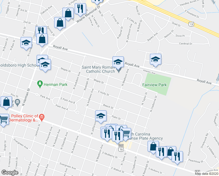map of restaurants, bars, coffee shops, grocery stores, and more near 1604 East Maple Street in Goldsboro