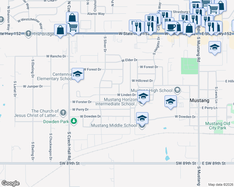 map of restaurants, bars, coffee shops, grocery stores, and more near 735 South Shepherd Drive in Mustang