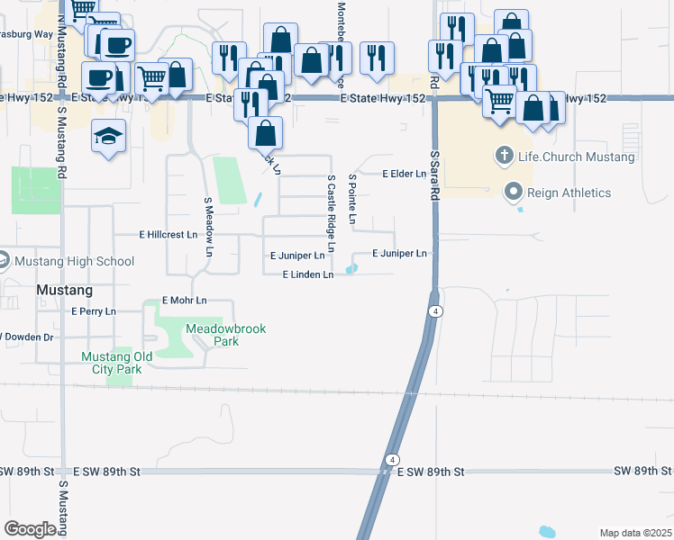 map of restaurants, bars, coffee shops, grocery stores, and more near 804 South Castle Ridge Lane in Mustang