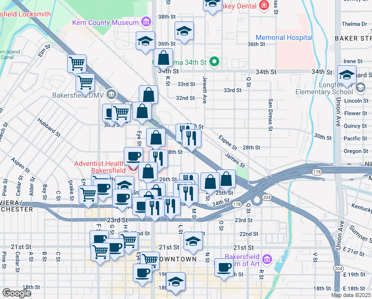map of restaurants, bars, coffee shops, grocery stores, and more near 1219 Golden State Avenue in Bakersfield