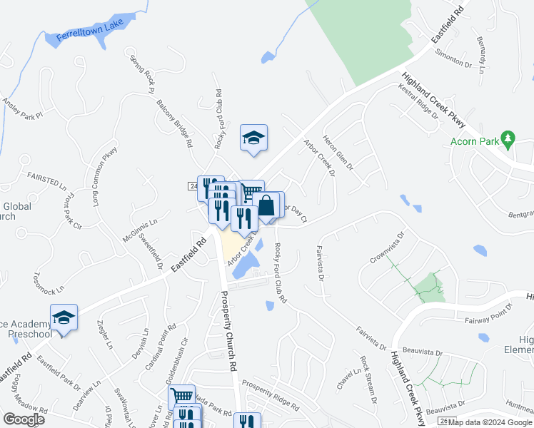map of restaurants, bars, coffee shops, grocery stores, and more near 10431 Rocky Ford Club Road in Charlotte