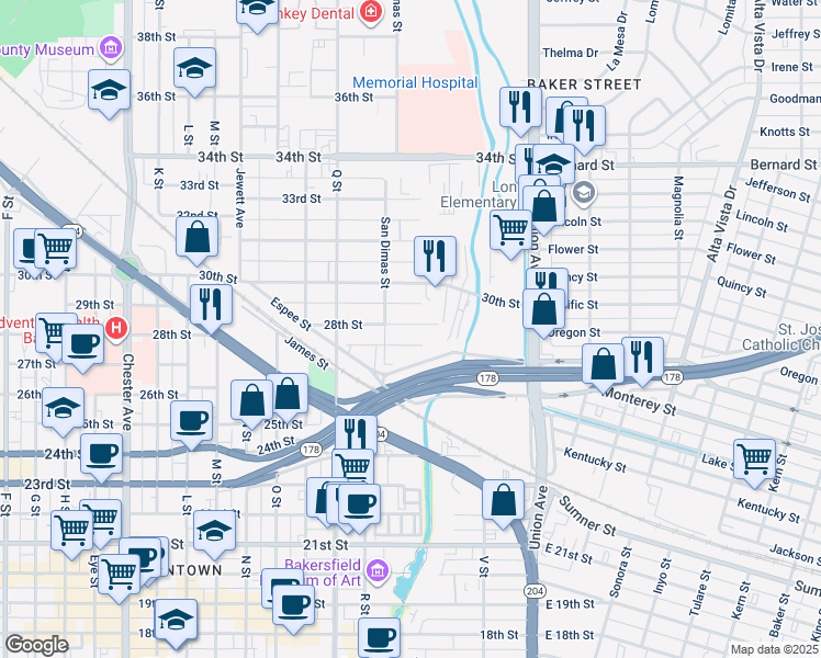 map of restaurants, bars, coffee shops, grocery stores, and more near 501 28th Street in Bakersfield