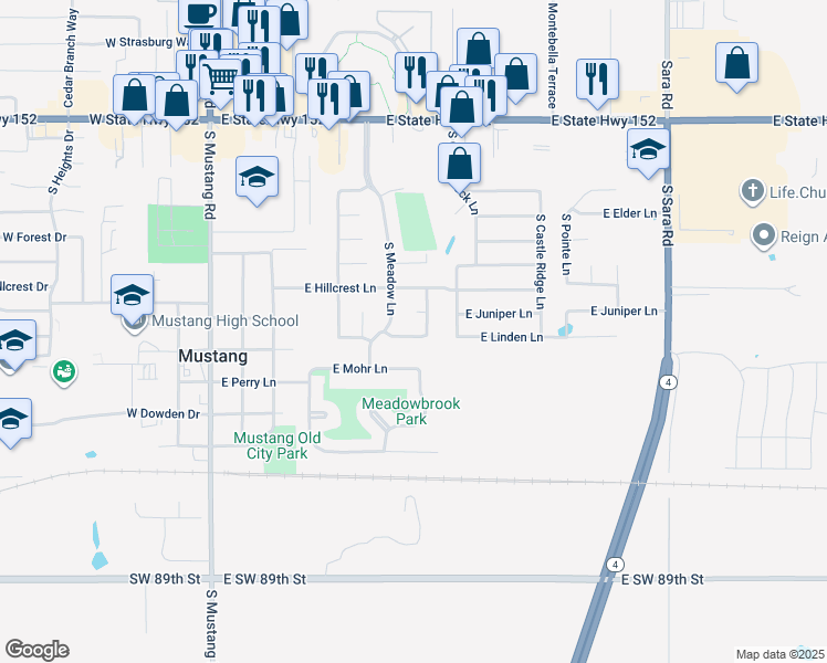 map of restaurants, bars, coffee shops, grocery stores, and more near 417 East Linden Lane in Mustang