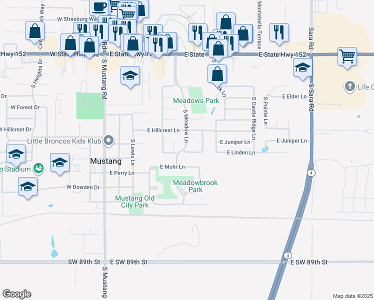 map of restaurants, bars, coffee shops, grocery stores, and more near 738 S Meadow Ln in Mustang