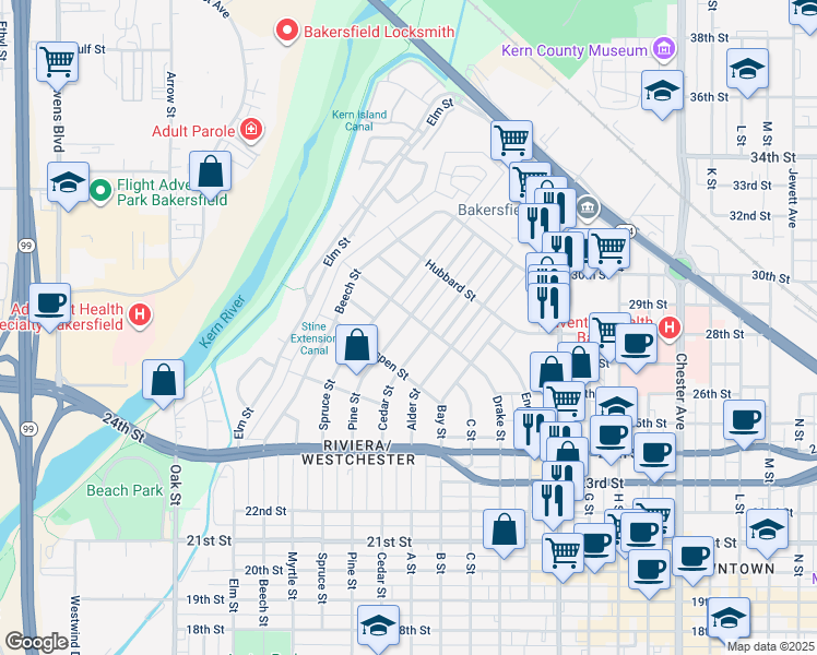 map of restaurants, bars, coffee shops, grocery stores, and more near 2532 Pine Street in Bakersfield