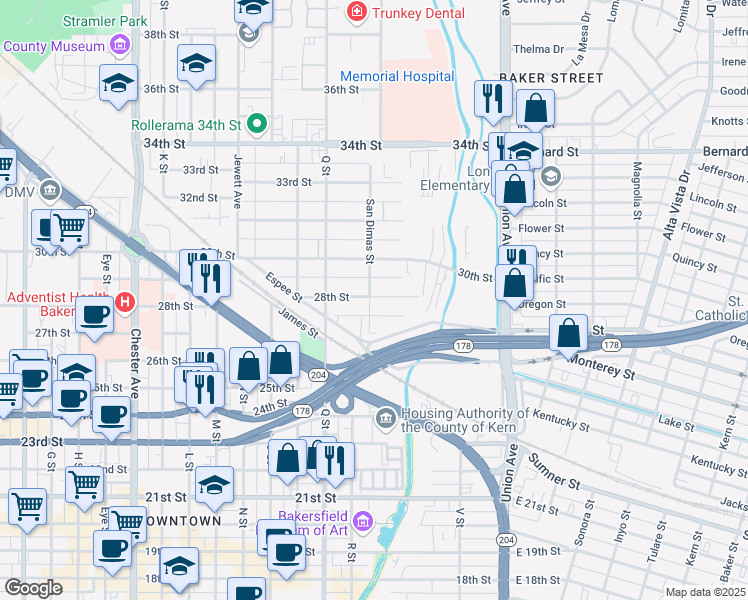 map of restaurants, bars, coffee shops, grocery stores, and more near 531 28th Street in Bakersfield