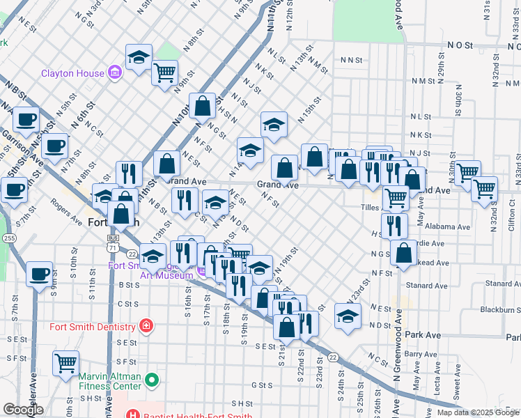 map of restaurants, bars, coffee shops, grocery stores, and more near 504 North 16th Street in Fort Smith