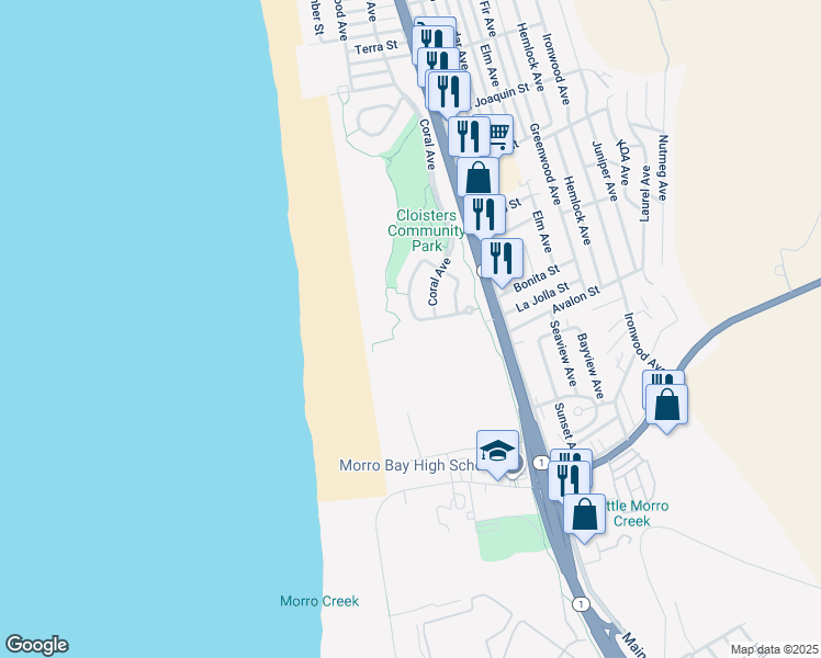 map of restaurants, bars, coffee shops, grocery stores, and more near 2261 Emerald Circle in Morro Bay