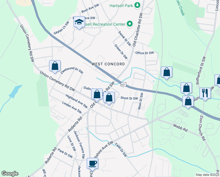 map of restaurants, bars, coffee shops, grocery stores, and more near 813 Old Charlotte Road Southwest in Concord