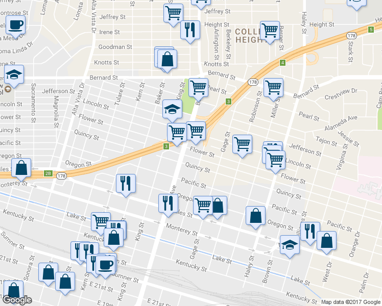 map of restaurants, bars, coffee shops, grocery stores, and more near 915 Flower Street in Bakersfield