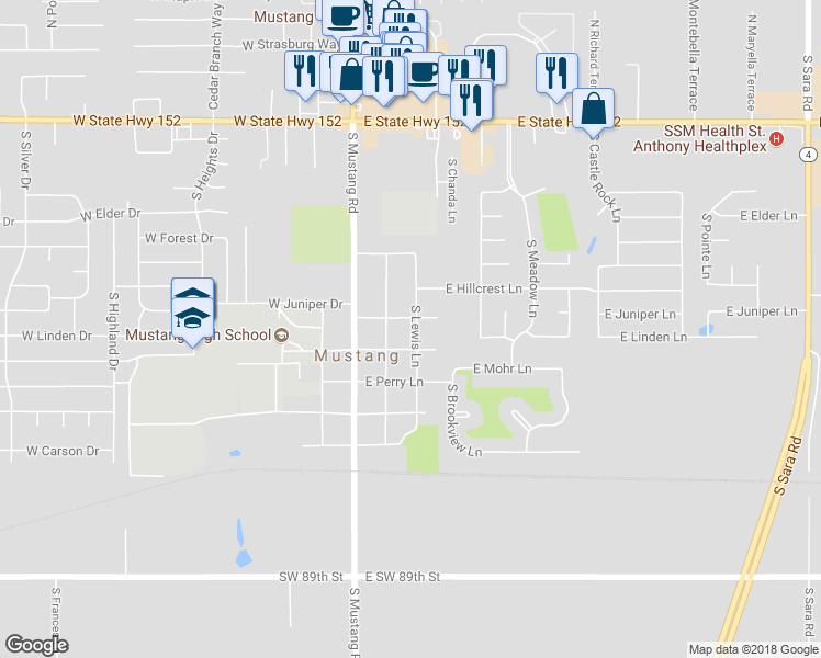 map of restaurants, bars, coffee shops, grocery stores, and more near 711 South Lewis Lane in Mustang