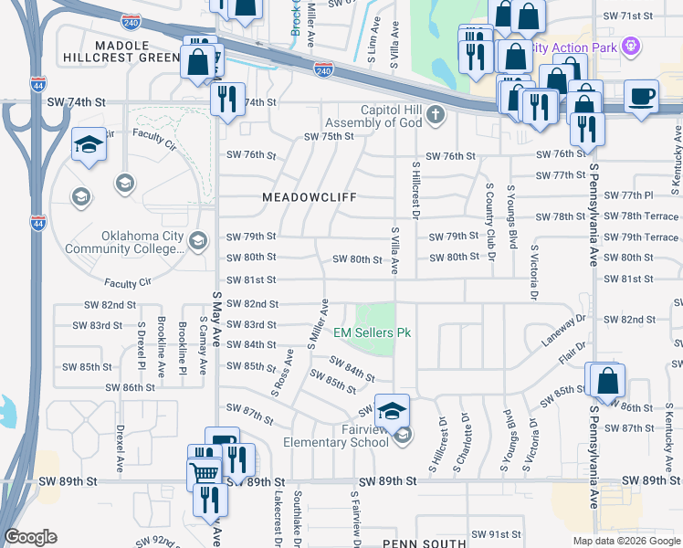 map of restaurants, bars, coffee shops, grocery stores, and more near 2613 Southwest 81st Street in Oklahoma City