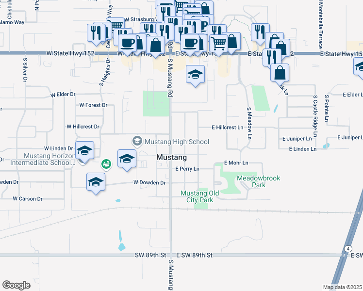 map of restaurants, bars, coffee shops, grocery stores, and more near 725 South Jones Lane in Mustang