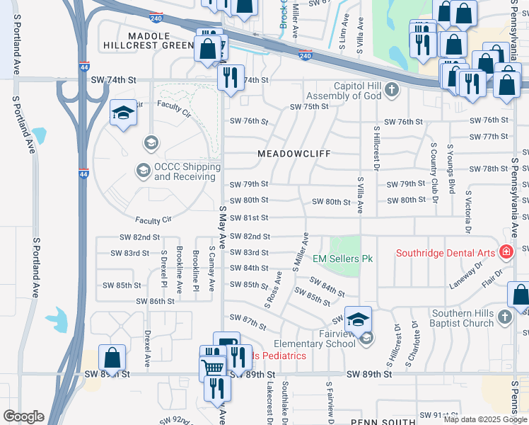 map of restaurants, bars, coffee shops, grocery stores, and more near 2803 Southwest 81st Street in Oklahoma City