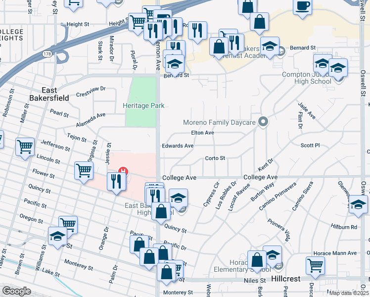 map of restaurants, bars, coffee shops, grocery stores, and more near 2313 Edwards Avenue in Bakersfield