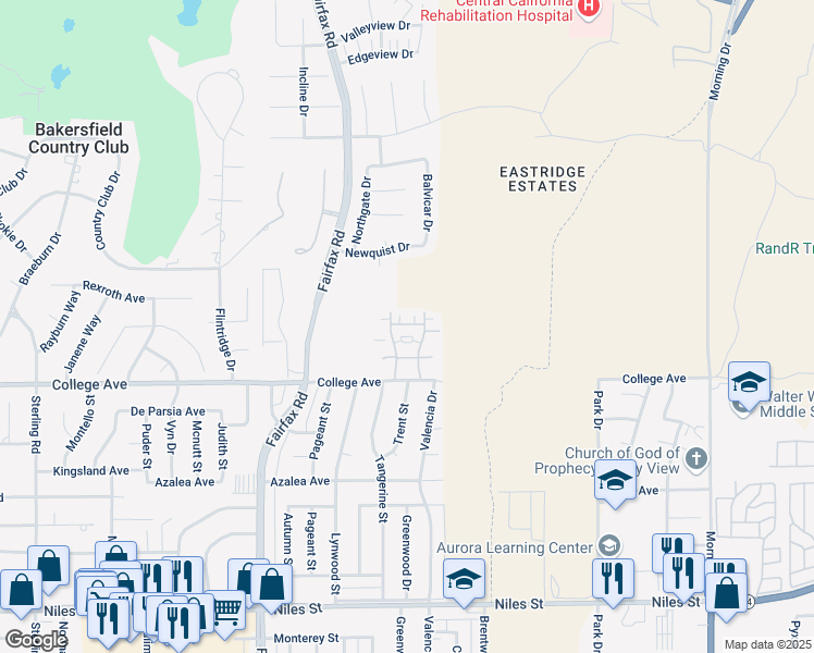 map of restaurants, bars, coffee shops, grocery stores, and more near Unnamed Road in Bakersfield
