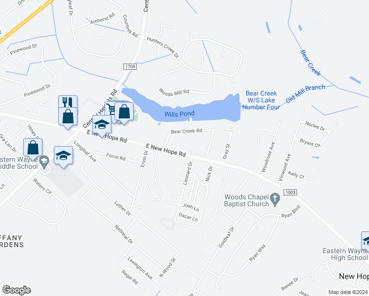 map of restaurants, bars, coffee shops, grocery stores, and more near 707 East New Hope Road in Goldsboro