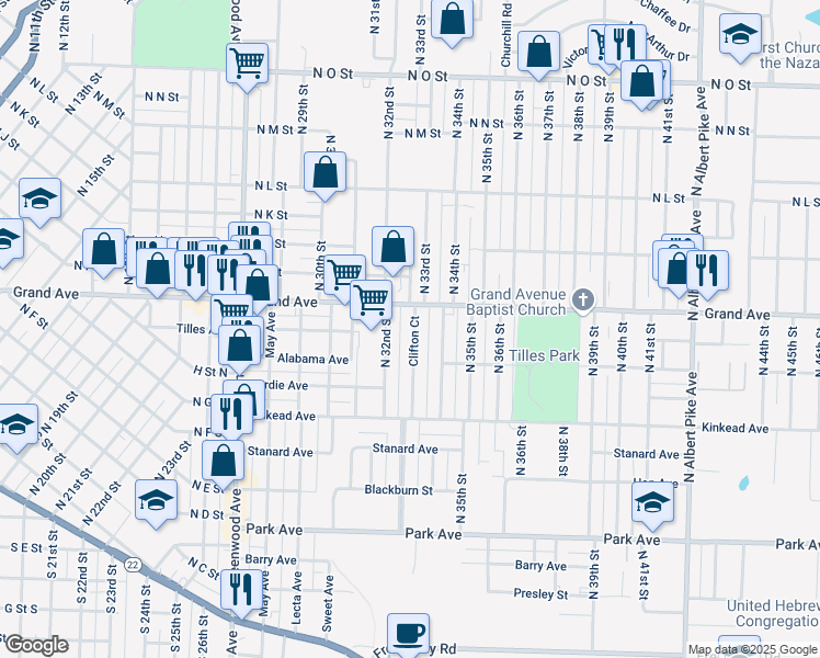 map of restaurants, bars, coffee shops, grocery stores, and more near 907 Clifton Court in Fort Smith