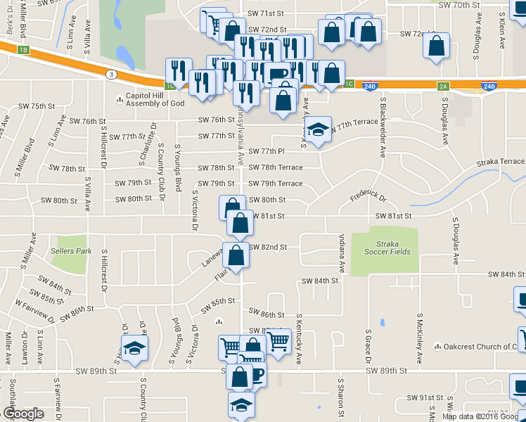 map of restaurants, bars, coffee shops, grocery stores, and more near 1613 Southwest 81st Street in Oklahoma City