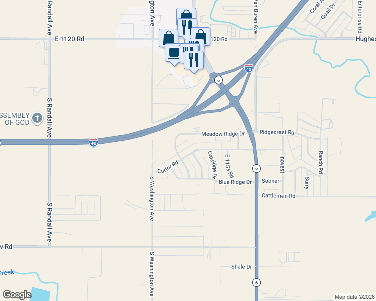 map of restaurants, bars, coffee shops, grocery stores, and more near 122 Carter Road in Elk City