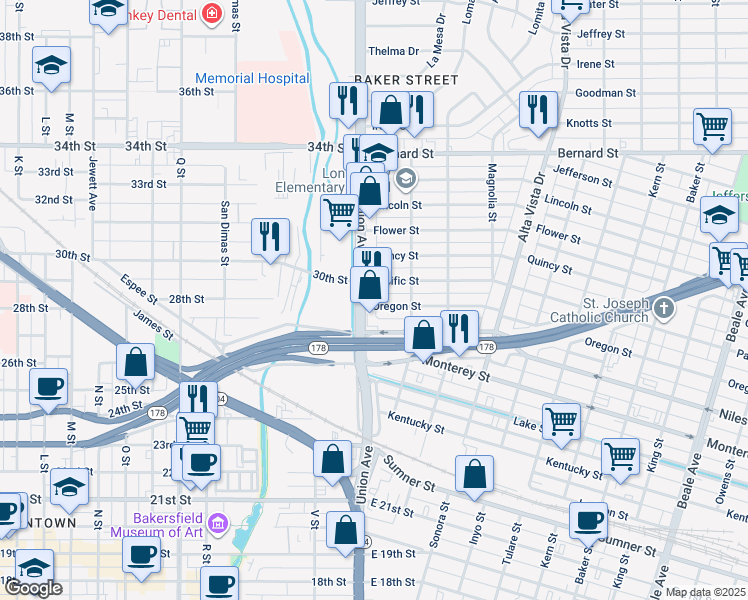 map of restaurants, bars, coffee shops, grocery stores, and more near 2808 Union Avenue in Bakersfield