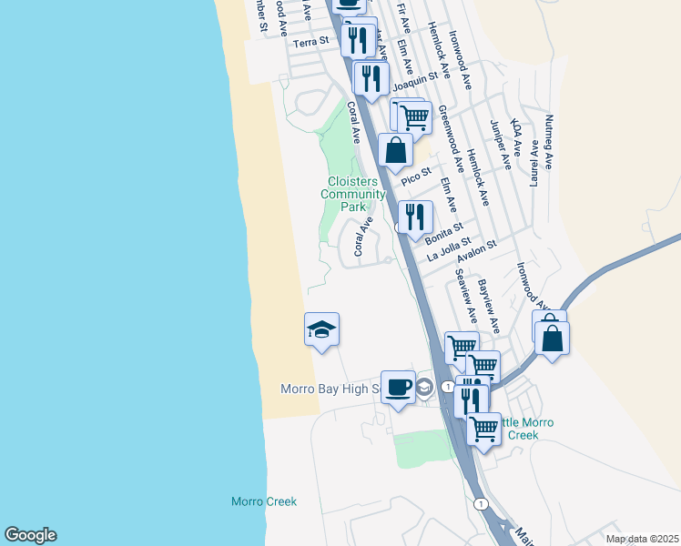 map of restaurants, bars, coffee shops, grocery stores, and more near 2261 Emerald Circle in Morro Bay