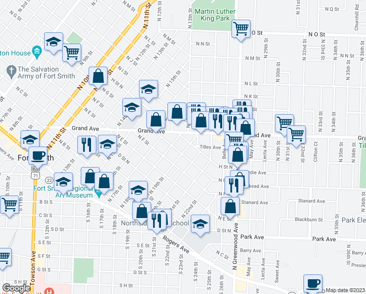 map of restaurants, bars, coffee shops, grocery stores, and more near 711 North 19th Street in Fort Smith