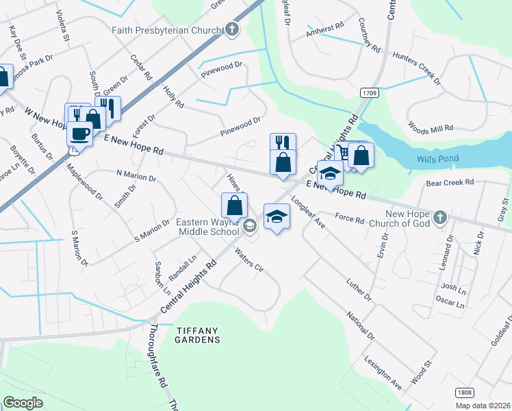 map of restaurants, bars, coffee shops, grocery stores, and more near 102 Hines Drive in Goldsboro