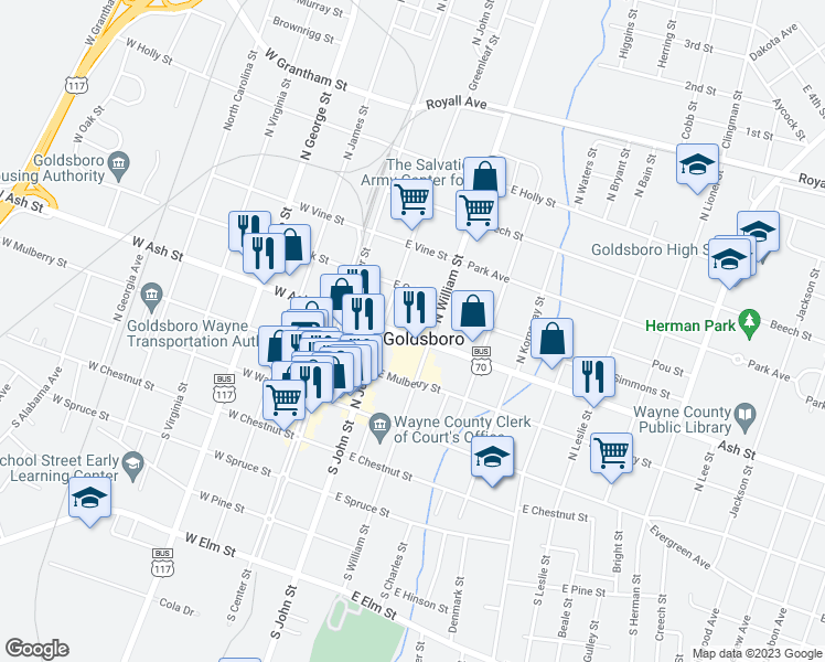 map of restaurants, bars, coffee shops, grocery stores, and more near 207 U.S. 70 Business in Goldsboro