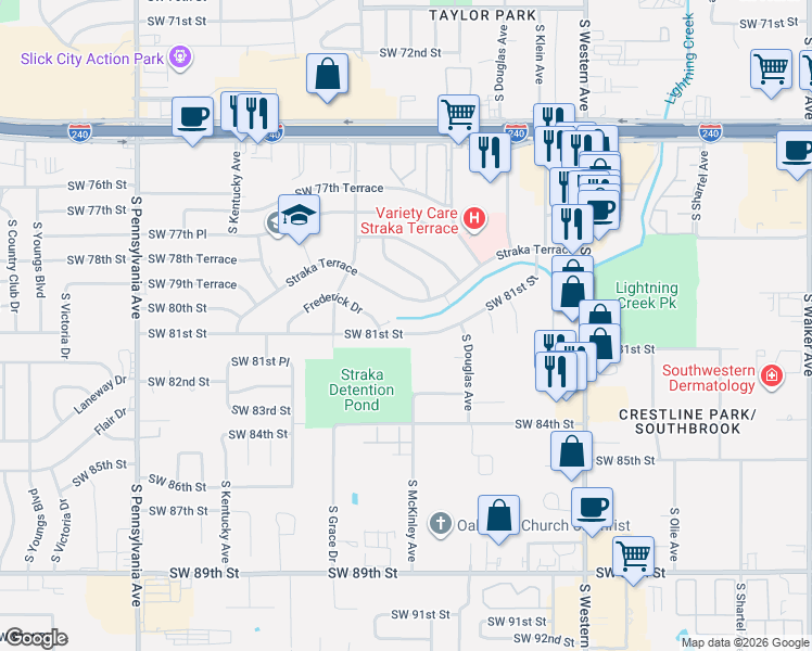 map of restaurants, bars, coffee shops, grocery stores, and more near 1201 SW 81st St in Oklahoma City