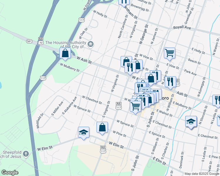 map of restaurants, bars, coffee shops, grocery stores, and more near 107 North Virginia Street in Goldsboro