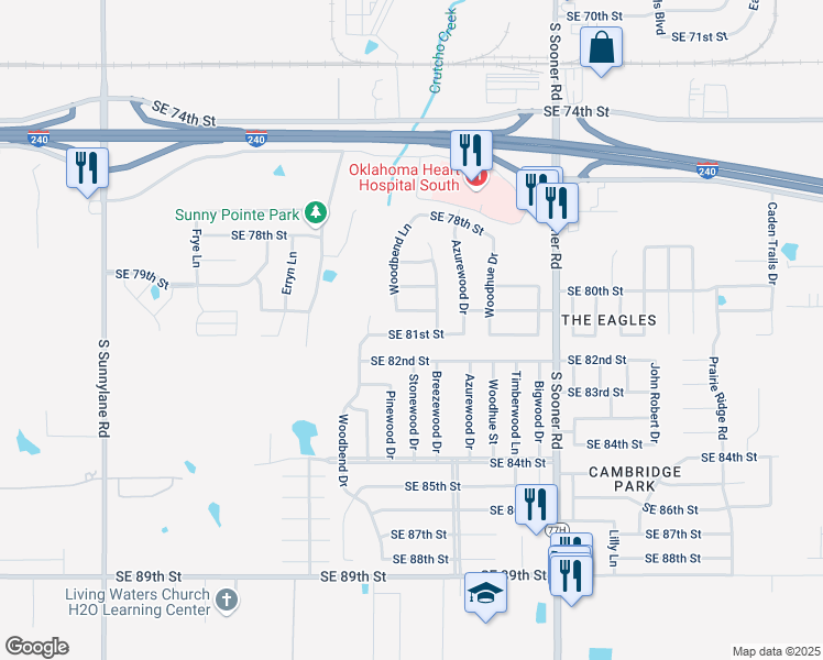 map of restaurants, bars, coffee shops, grocery stores, and more near 5021 Southeast 81st Street in Oklahoma City