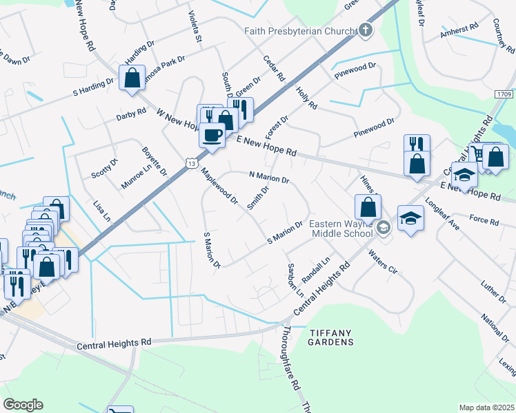 map of restaurants, bars, coffee shops, grocery stores, and more near 208 Smith Drive in Goldsboro
