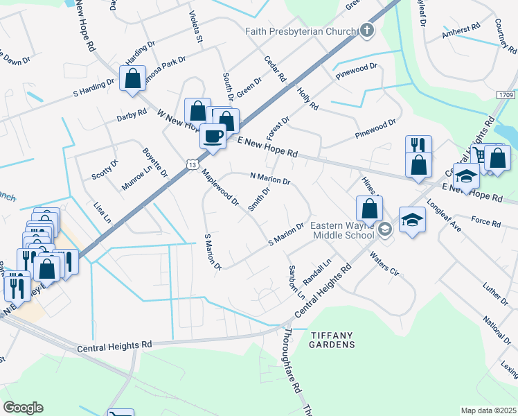 map of restaurants, bars, coffee shops, grocery stores, and more near 208 Smith Drive in Goldsboro