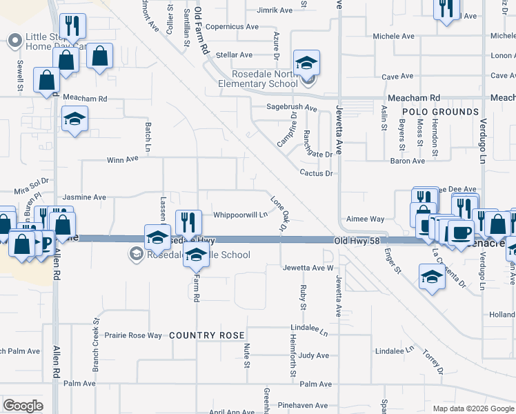 map of restaurants, bars, coffee shops, grocery stores, and more near 11700 Whippoorwill Lane in Bakersfield