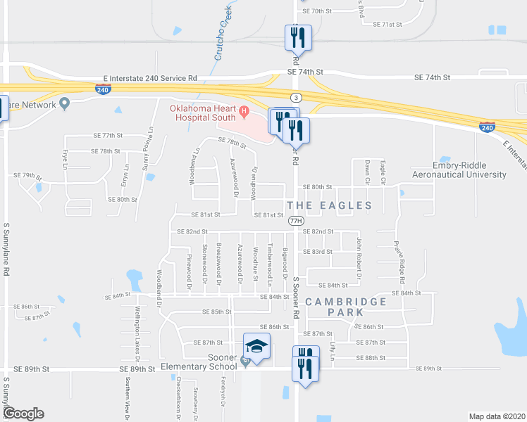 map of restaurants, bars, coffee shops, grocery stores, and more near 5409 Southeast 81st Street in Oklahoma City