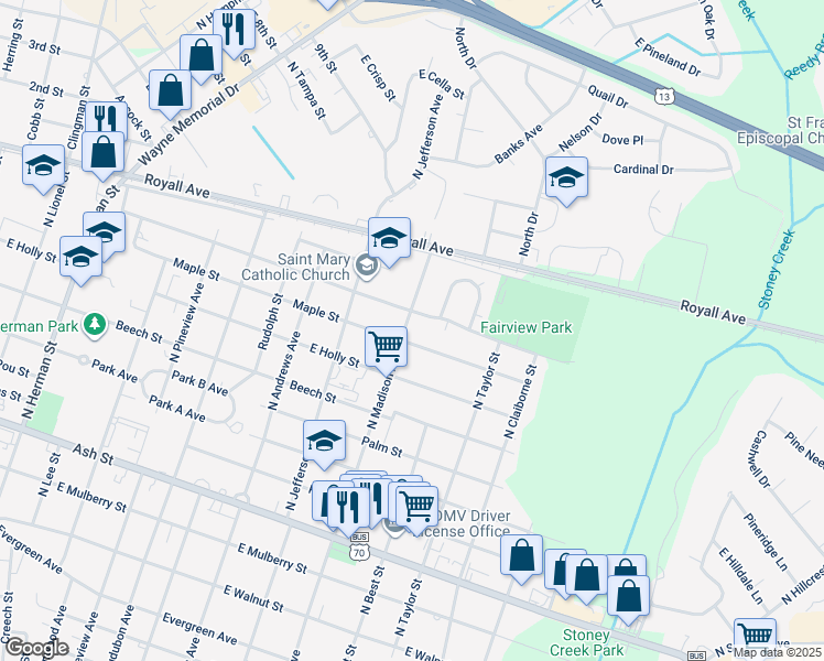 map of restaurants, bars, coffee shops, grocery stores, and more near 804 North Madison Avenue in Goldsboro