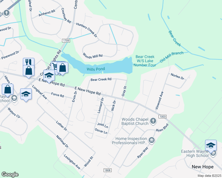 map of restaurants, bars, coffee shops, grocery stores, and more near 103 Newsome Road in Goldsboro