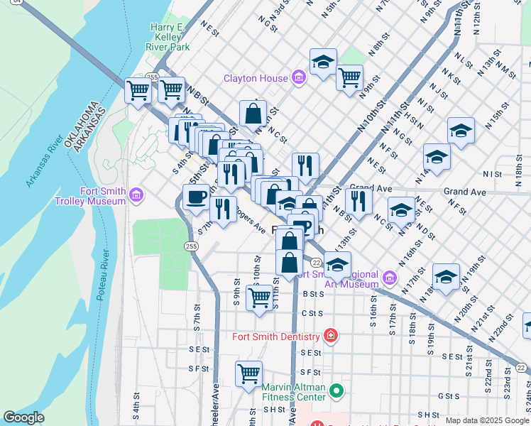 map of restaurants, bars, coffee shops, grocery stores, and more near 701-899 Rogers Ave in Fort Smith