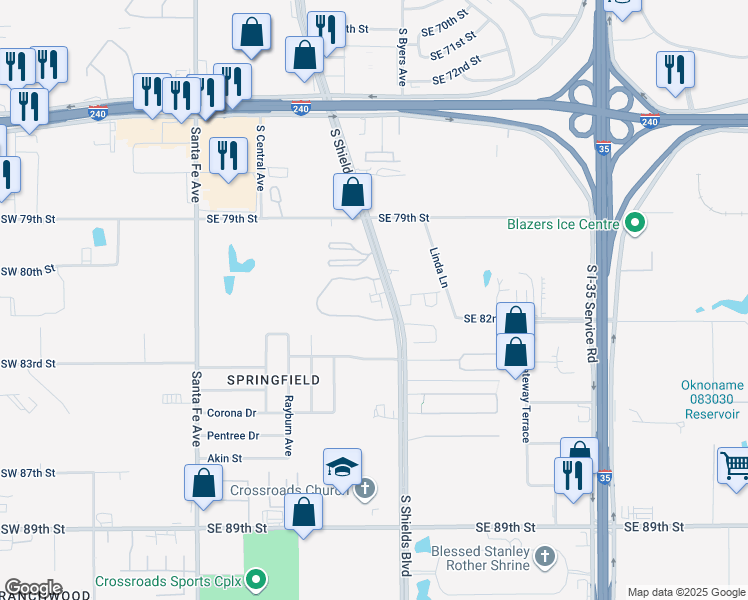 map of restaurants, bars, coffee shops, grocery stores, and more near 8101 S Shields Blvd in Oklahoma City