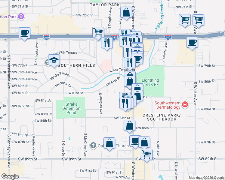 map of restaurants, bars, coffee shops, grocery stores, and more near 8229 South Klein Avenue in Oklahoma City